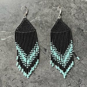4.5 inch beaded fringe earrings, black/turquoise